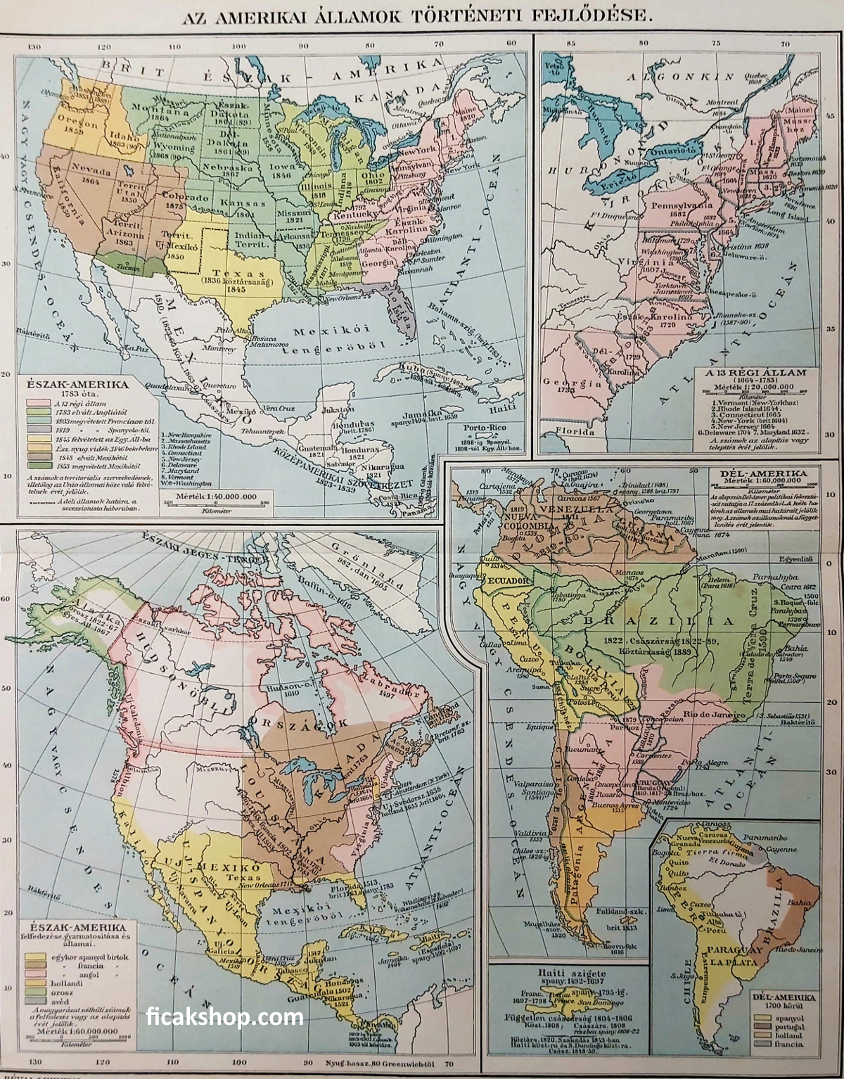 amerika térkép történeti fejlődés eredeti antik nyomat