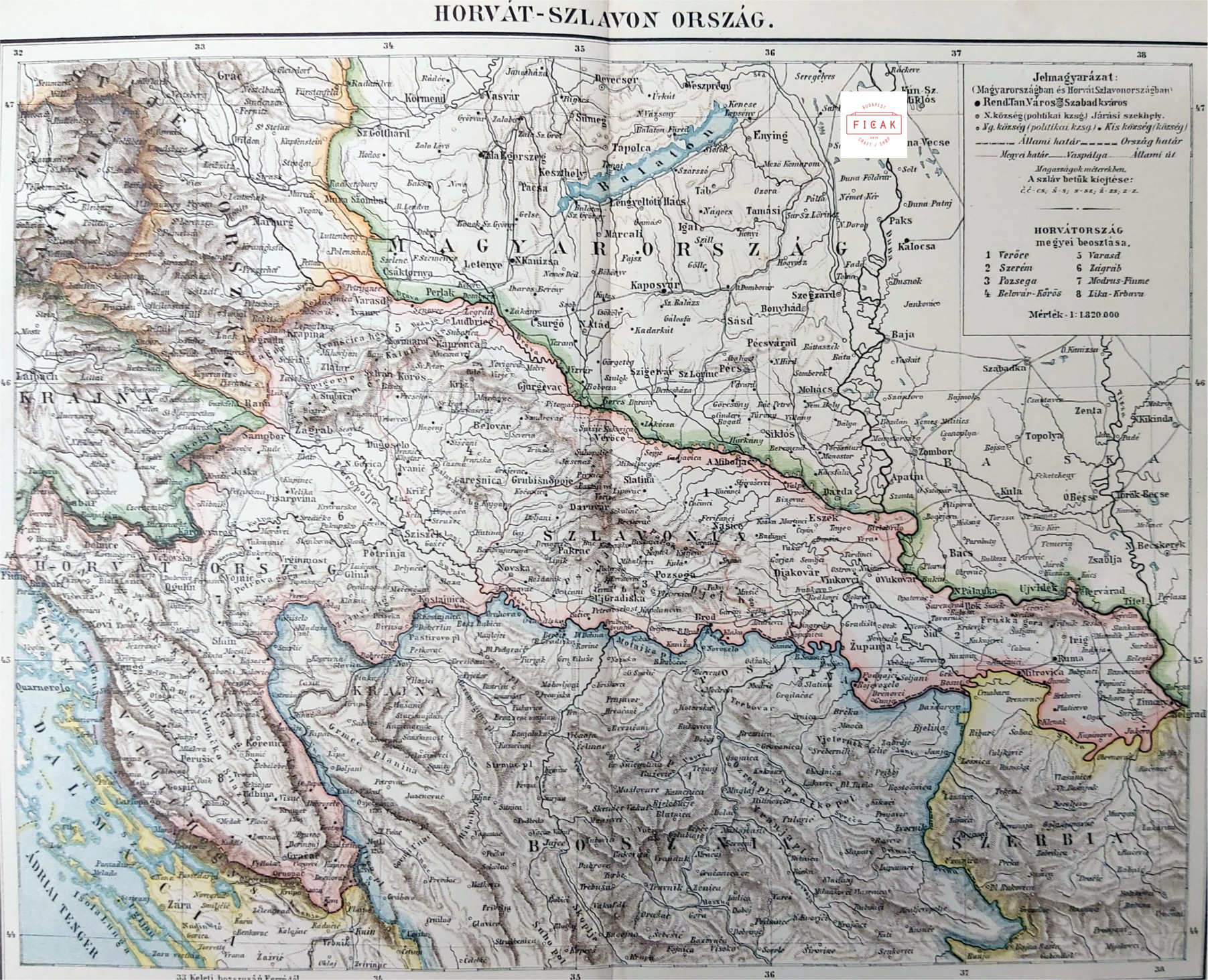 horvátország térkép eredeti nyomat 1895